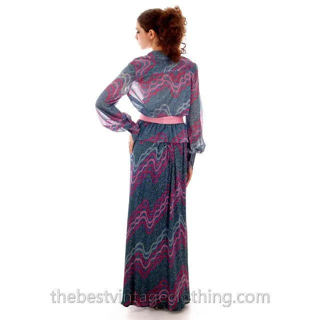Vintage Missoni / John Baldwin Maxi Skirt & Blouse  Set Purple Pink Silver  Metallics 1970s Med
