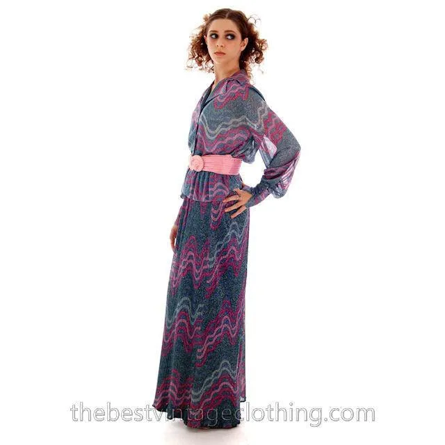 Vintage Missoni / John Baldwin Maxi Skirt & Blouse  Set Purple Pink Silver  Metallics 1970s Med