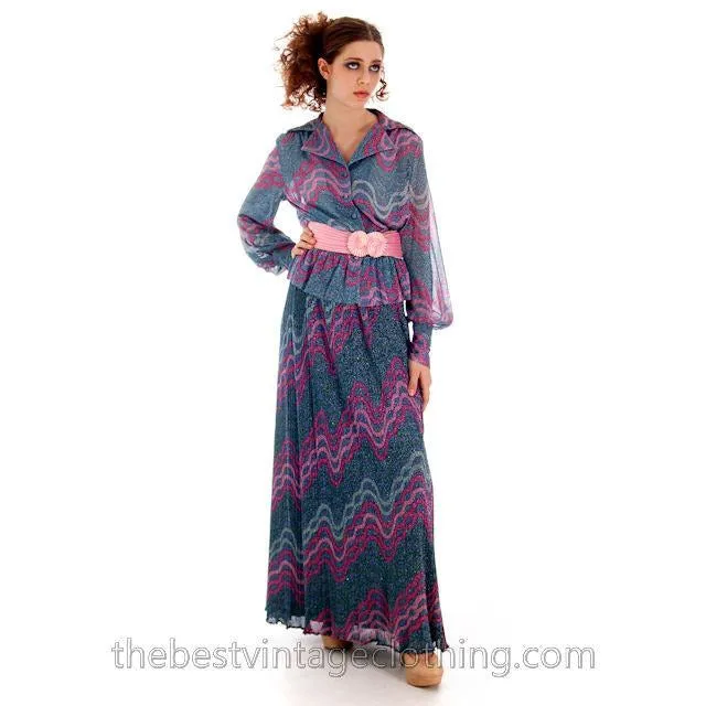Vintage Missoni / John Baldwin Maxi Skirt & Blouse  Set Purple Pink Silver  Metallics 1970s Med