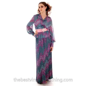Vintage Missoni / John Baldwin Maxi Skirt & Blouse  Set Purple Pink Silver  Metallics 1970s Med