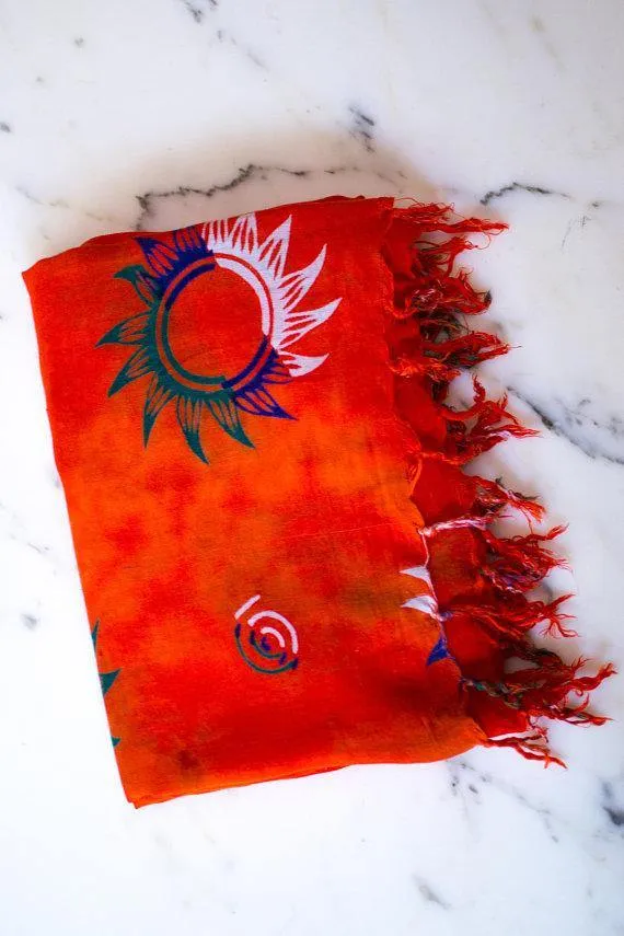 Vintage Orange Scarf, Wrap with Blue, White, and Green Sun Shapes, Large Scarf Shawl