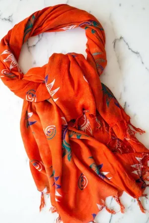 Vintage Orange Scarf, Wrap with Blue, White, and Green Sun Shapes, Large Scarf Shawl