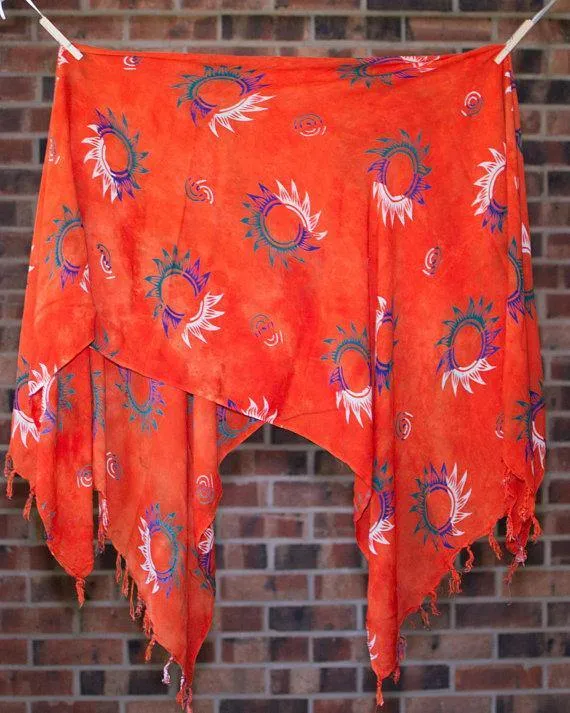 Vintage Orange Scarf, Wrap with Blue, White, and Green Sun Shapes, Large Scarf Shawl