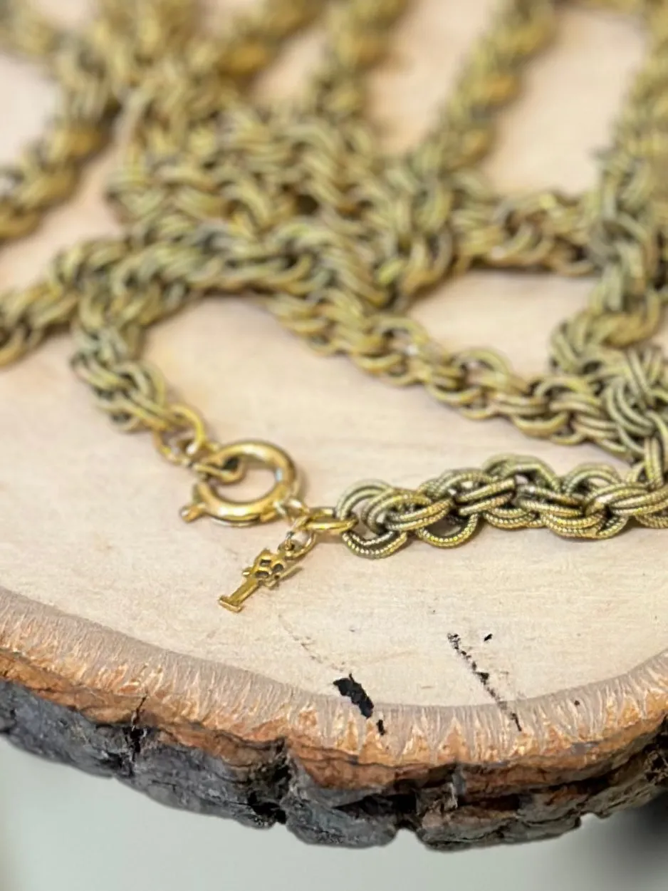 Vintage Textured Matte Gold Multi Link Long Signed Crown Trifari Necklace 54"