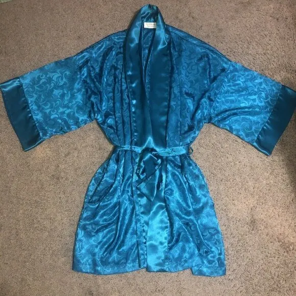 Vintage Victoria’s Secret Gold Label Teal L Kimono Short Belted Robe Damask OS