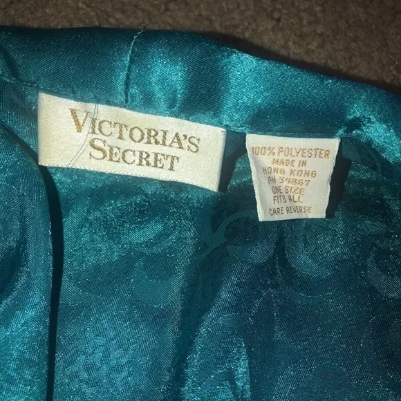 Vintage Victoria’s Secret Gold Label Teal L Kimono Short Belted Robe Damask OS