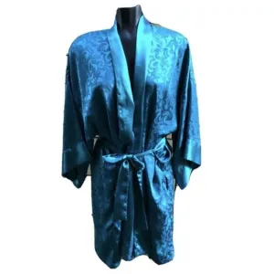 Vintage Victoria’s Secret Gold Label Teal L Kimono Short Belted Robe Damask OS