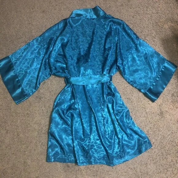 Vintage Victoria’s Secret Gold Label Teal L Kimono Short Belted Robe Damask OS