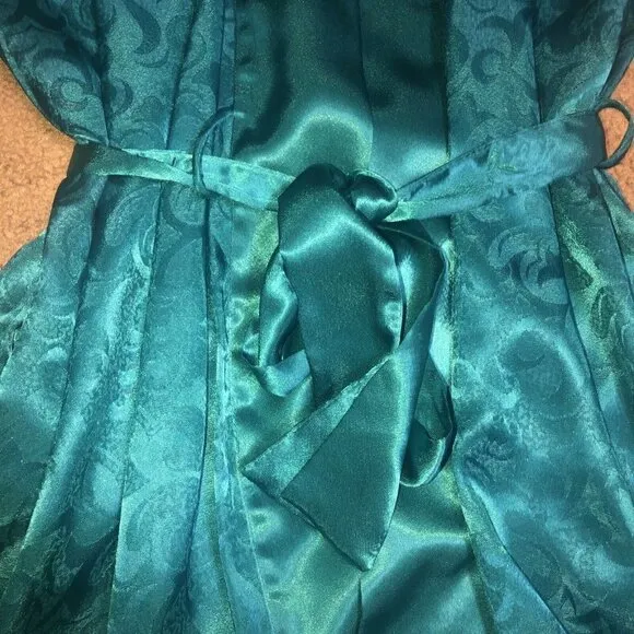 Vintage Victoria’s Secret Gold Label Teal L Kimono Short Belted Robe Damask OS