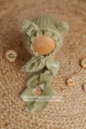Warm sage green baby newborn bear bonnet, With velvet ties and bow, made to order