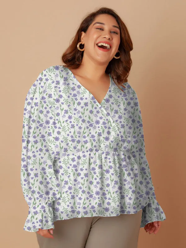 White Floral Print Peplum Top