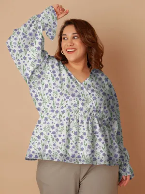 White Floral Print Peplum Top