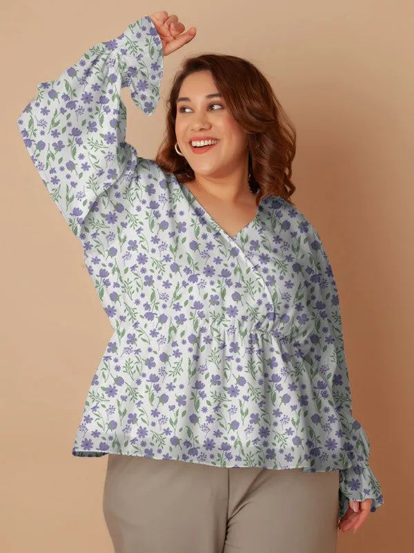 White Floral Print Peplum Top