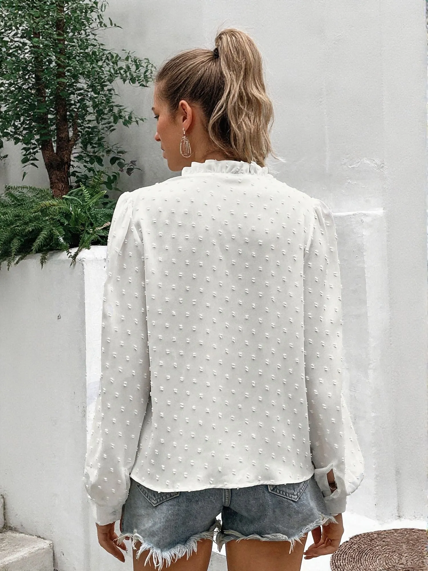 White Lace Patch On Puff Sleeves Top