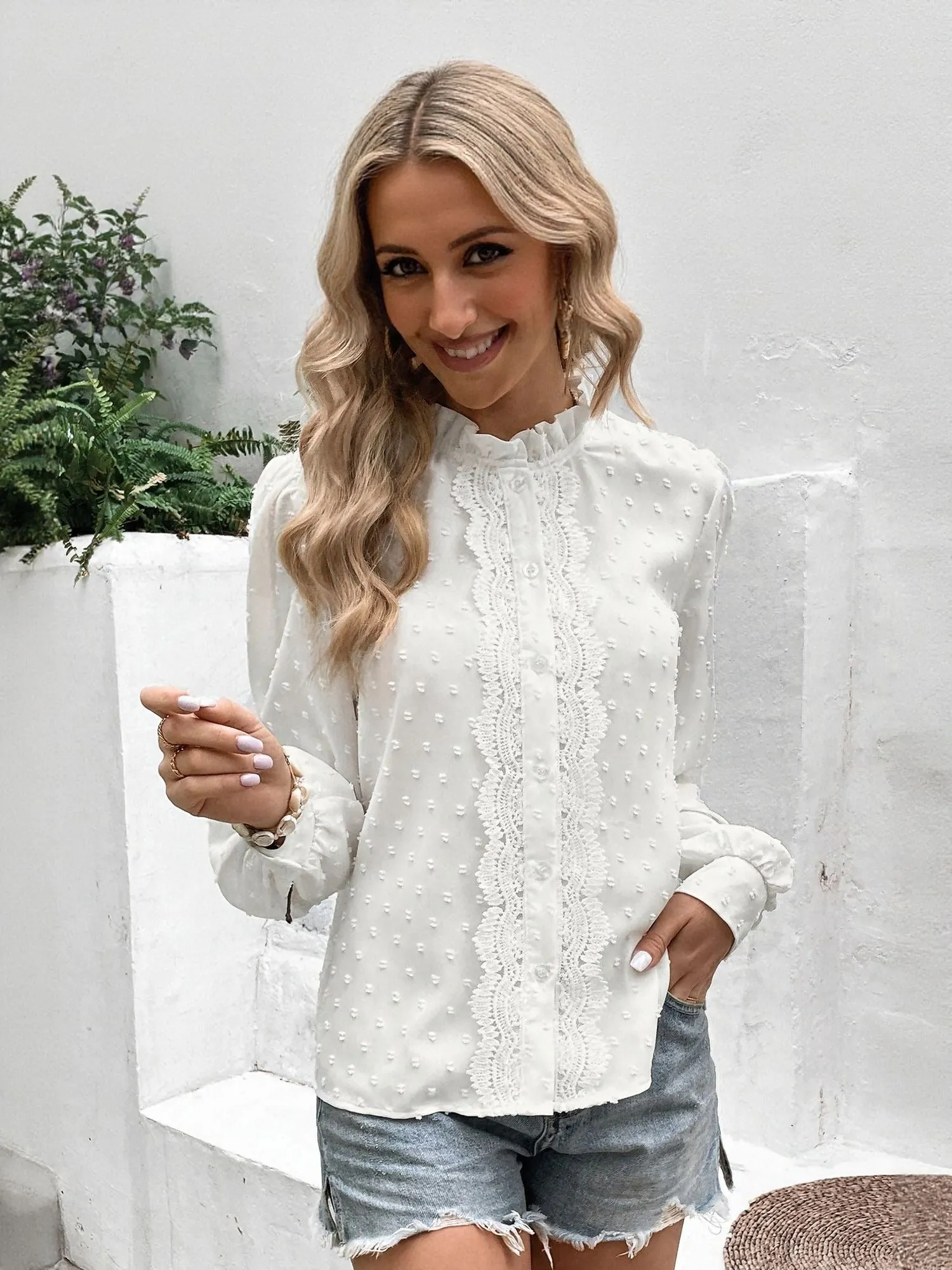 White Lace Patch On Puff Sleeves Top