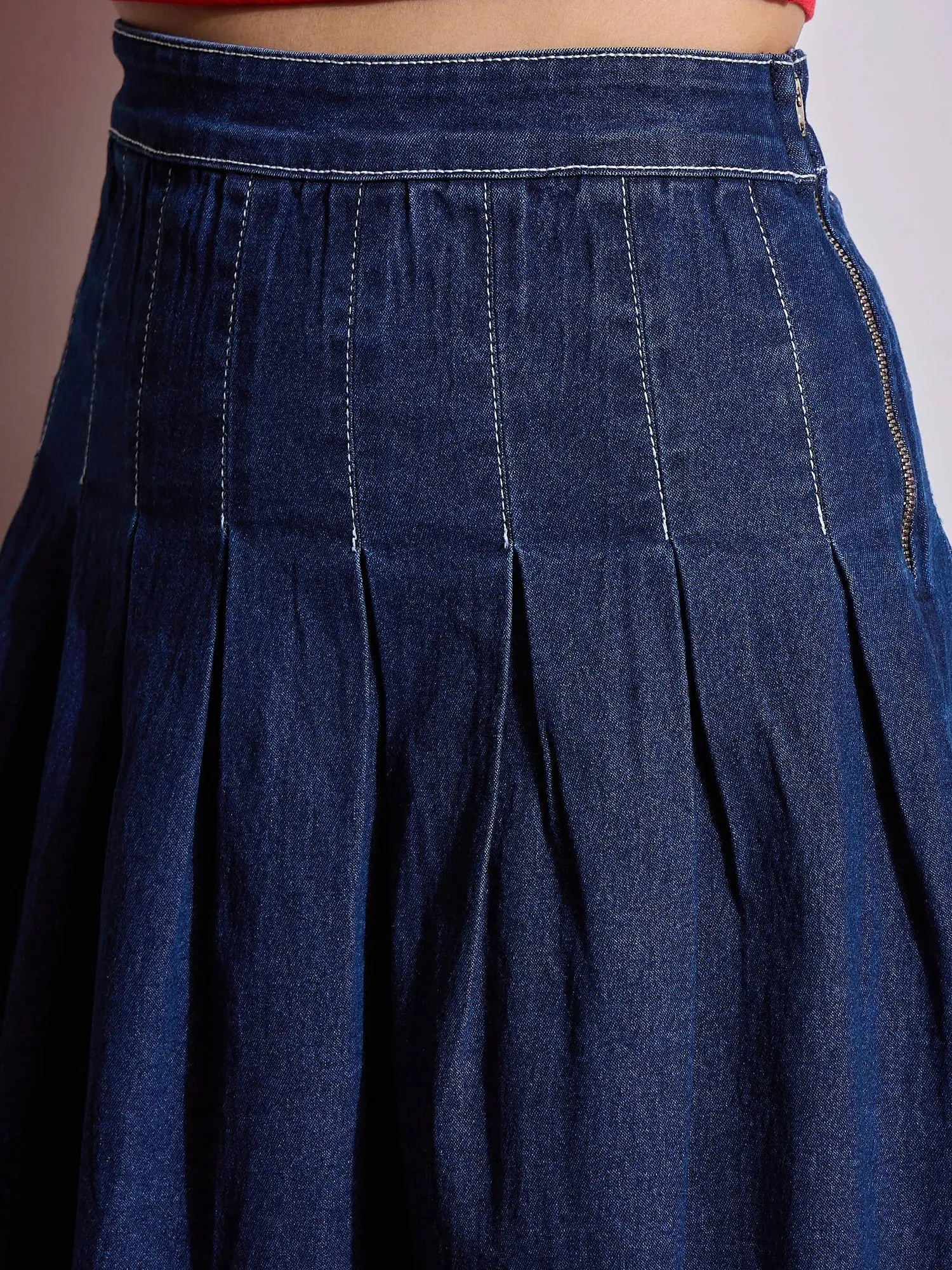 Women Blue Washed Denim Pleated Mini Skirt-SFSKRT30469
