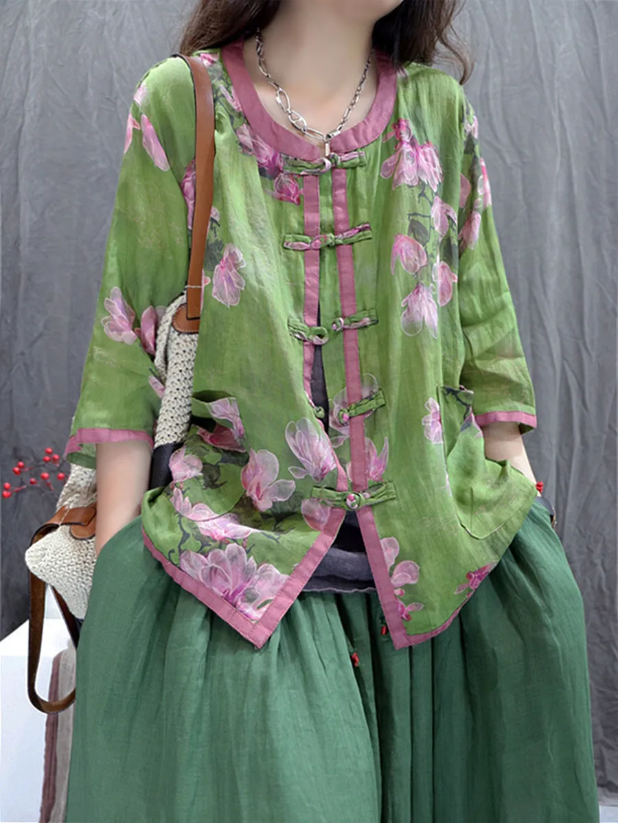 Women Ethnic Buttoned O-Neck Flower 100%Ramie Shirt
