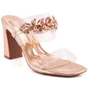 Women "FANIA" Transparent Strap Embellished Slide Block Heel Sandals