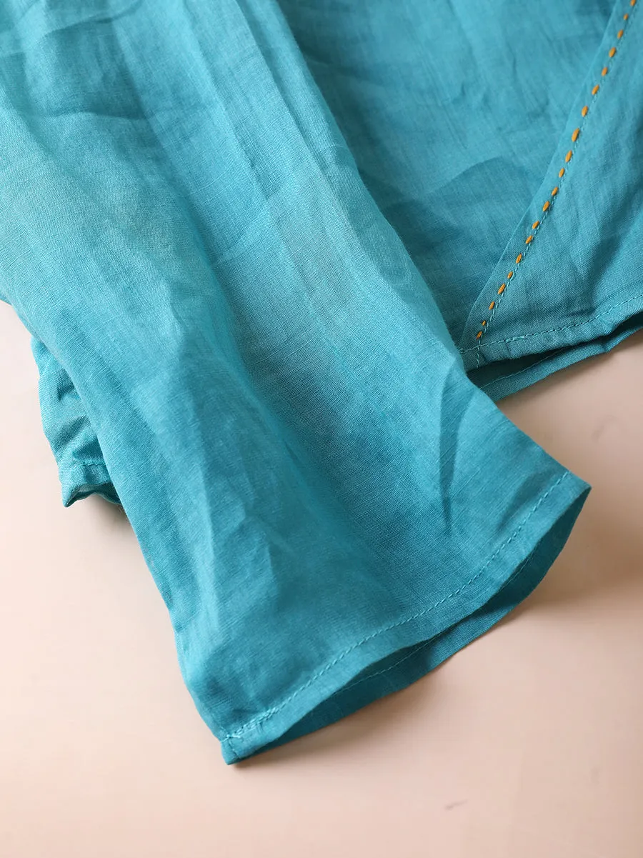 Women Summer Pure Color V-Neck 100%Ramie Shirt
