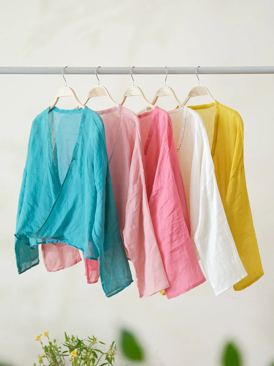 Women Summer Pure Color V-Neck 100%Ramie Shirt
