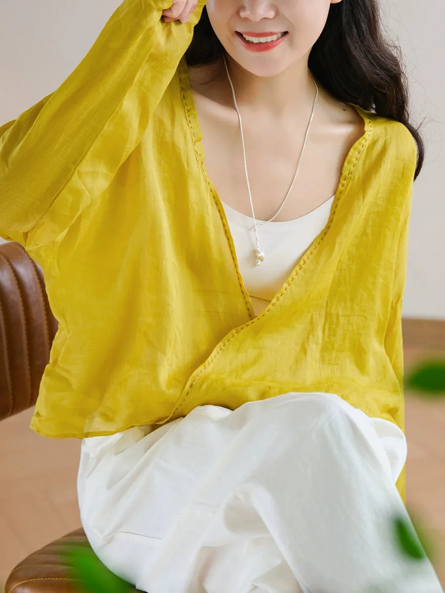 Women Summer Pure Color V-Neck 100%Ramie Shirt