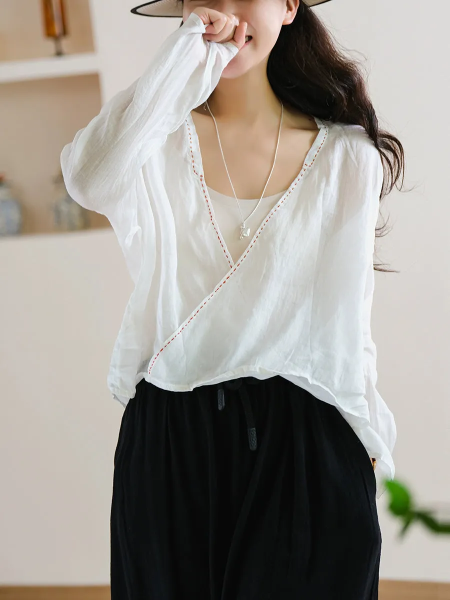 Women Summer Pure Color V-Neck 100%Ramie Shirt