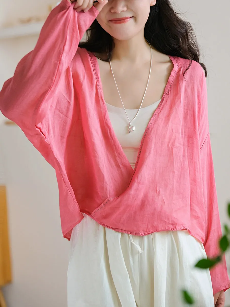Women Summer Pure Color V-Neck 100%Ramie Shirt
