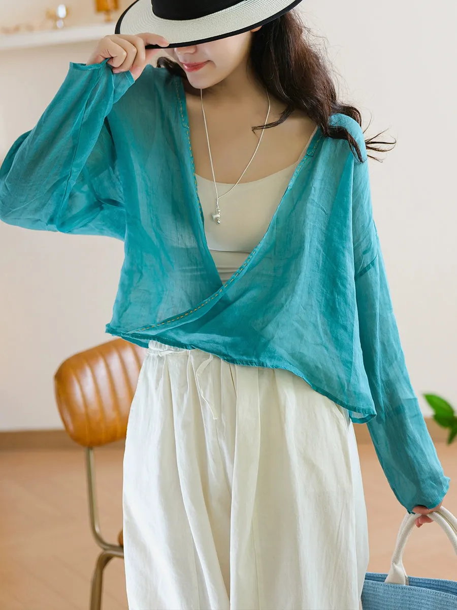 Women Summer Pure Color V-Neck 100%Ramie Shirt
