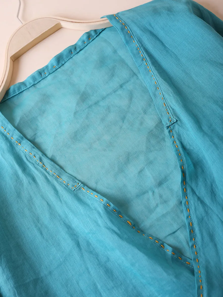 Women Summer Pure Color V-Neck 100%Ramie Shirt