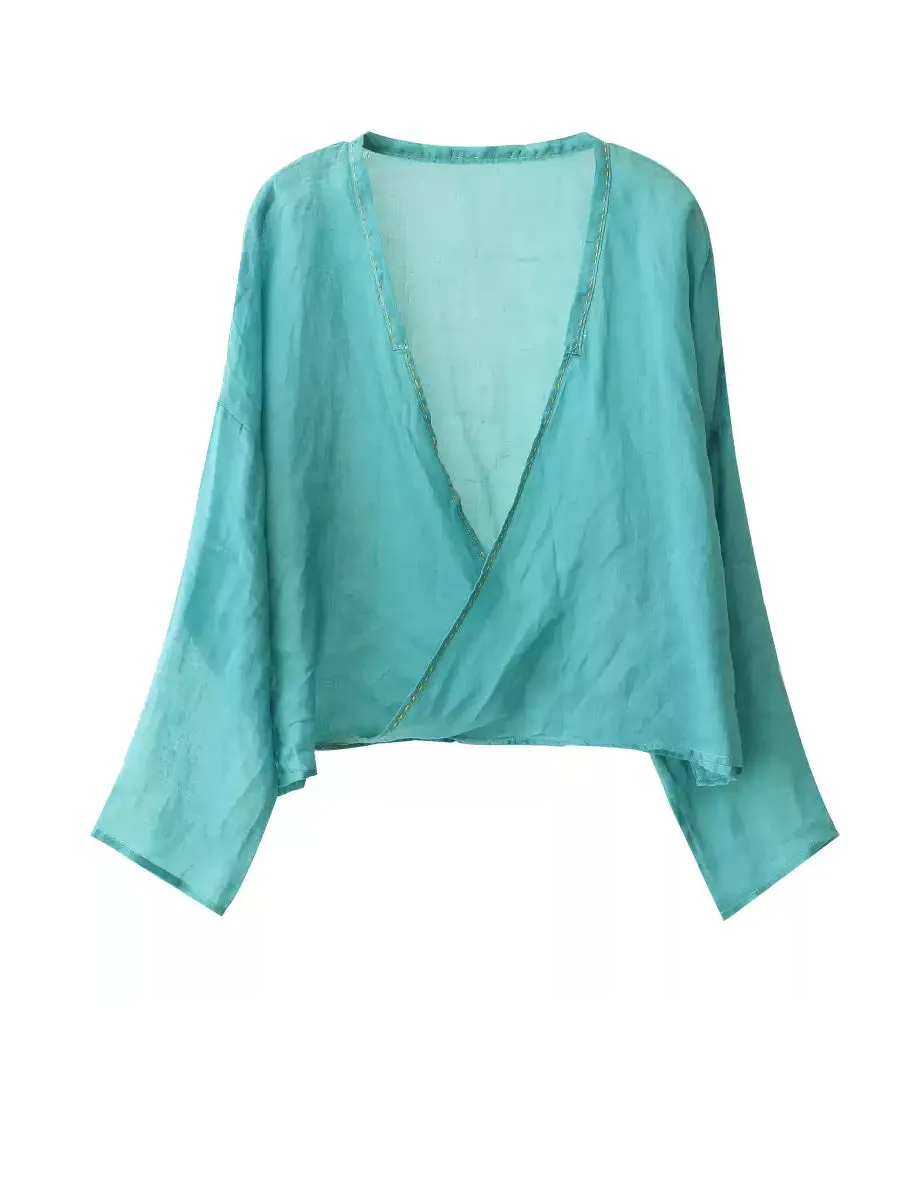 Women Summer Pure Color V-Neck 100%Ramie Shirt