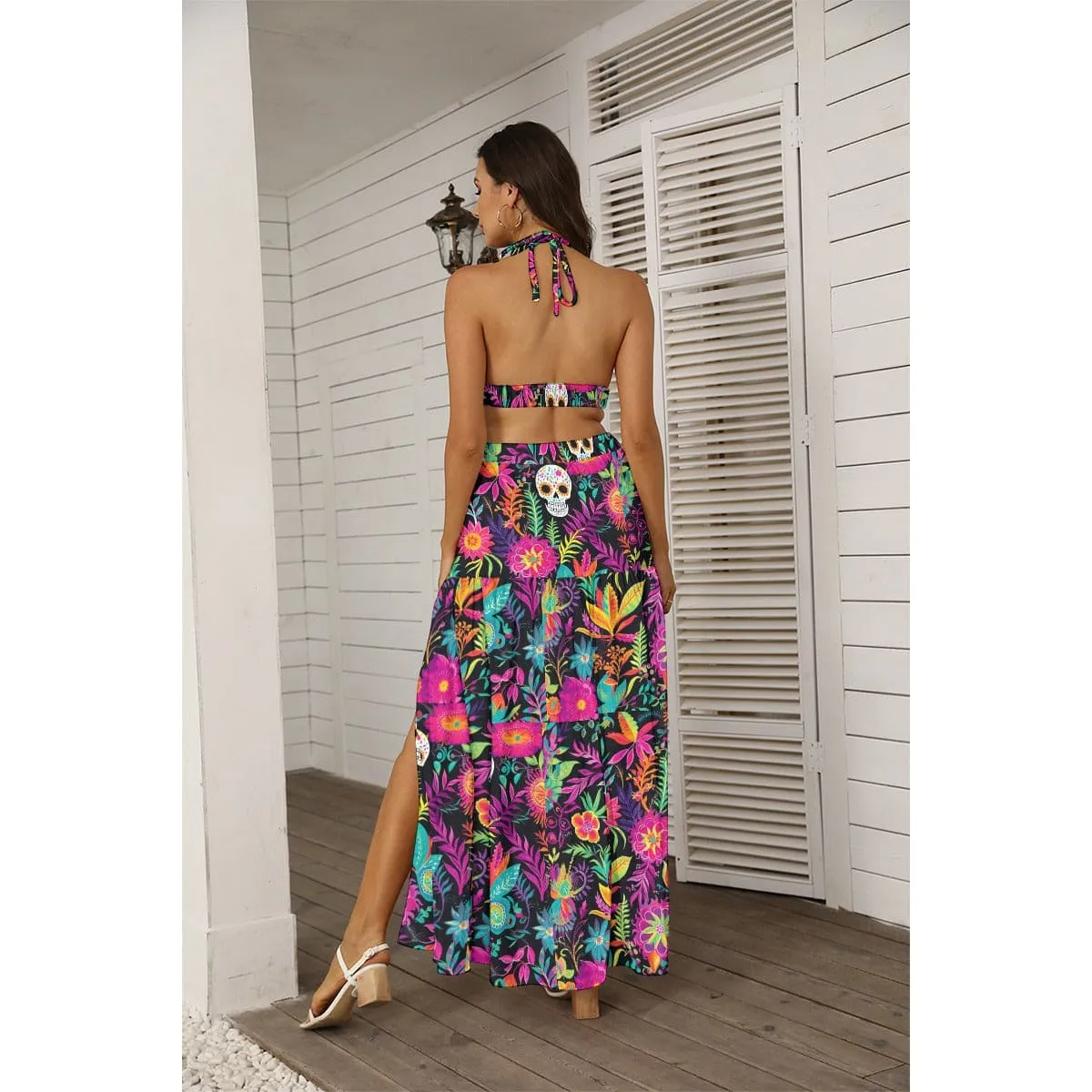 Women's Coloful Skulls Tie Back Wrap Dress