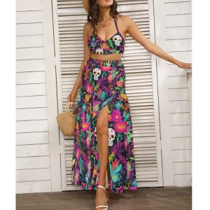 Women's Coloful Skulls Tie Back Wrap Dress