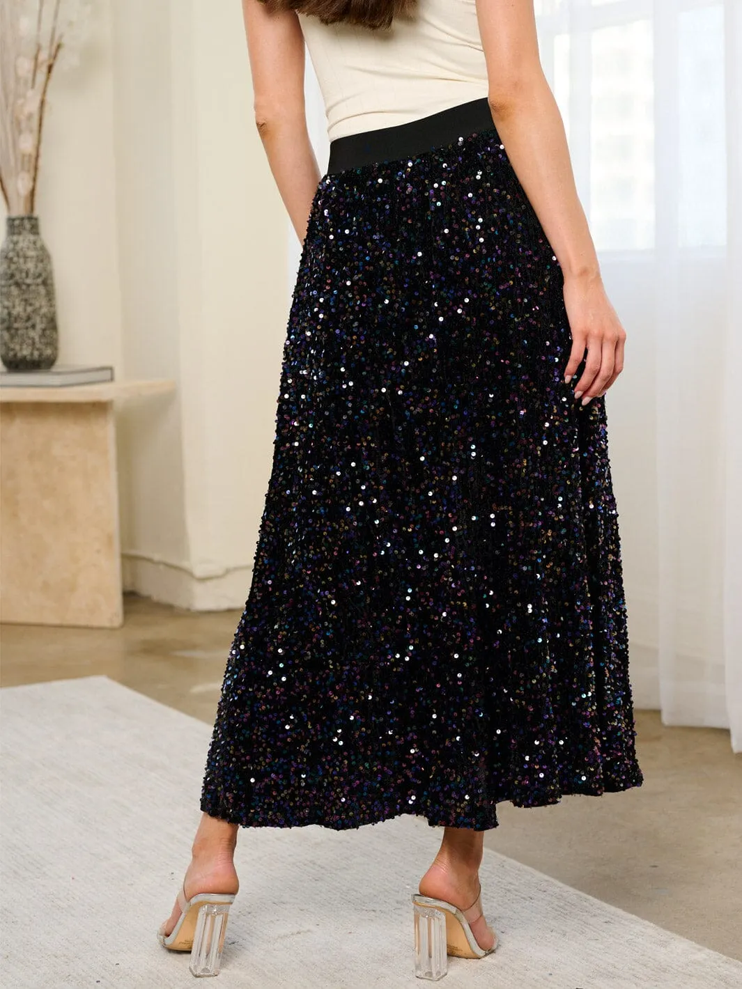 WOMEN'S ELASTIC WAIST SEQUINS MAXI SKIRT