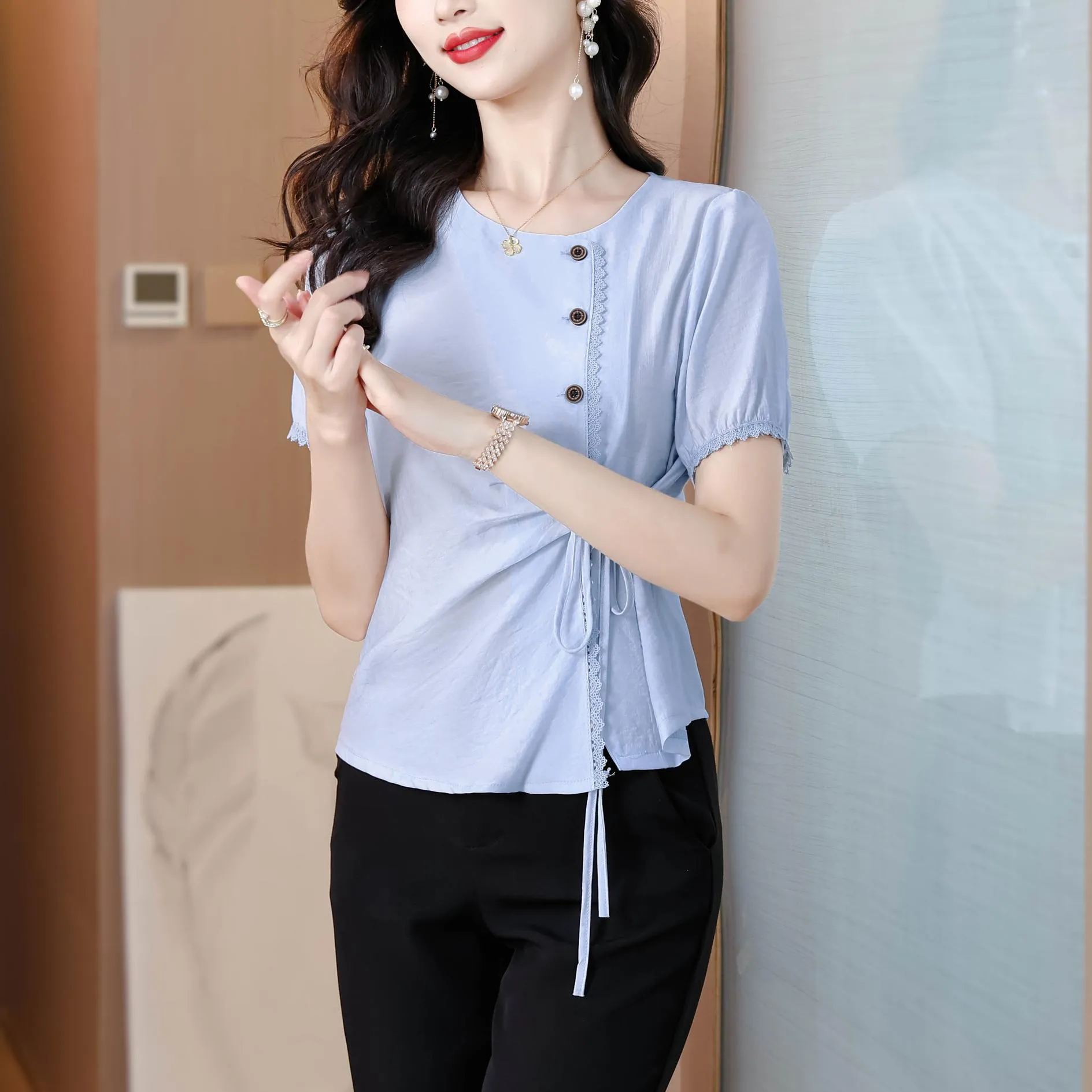 Women's Embossed Blouse featuring Button Details and a Tied Waist