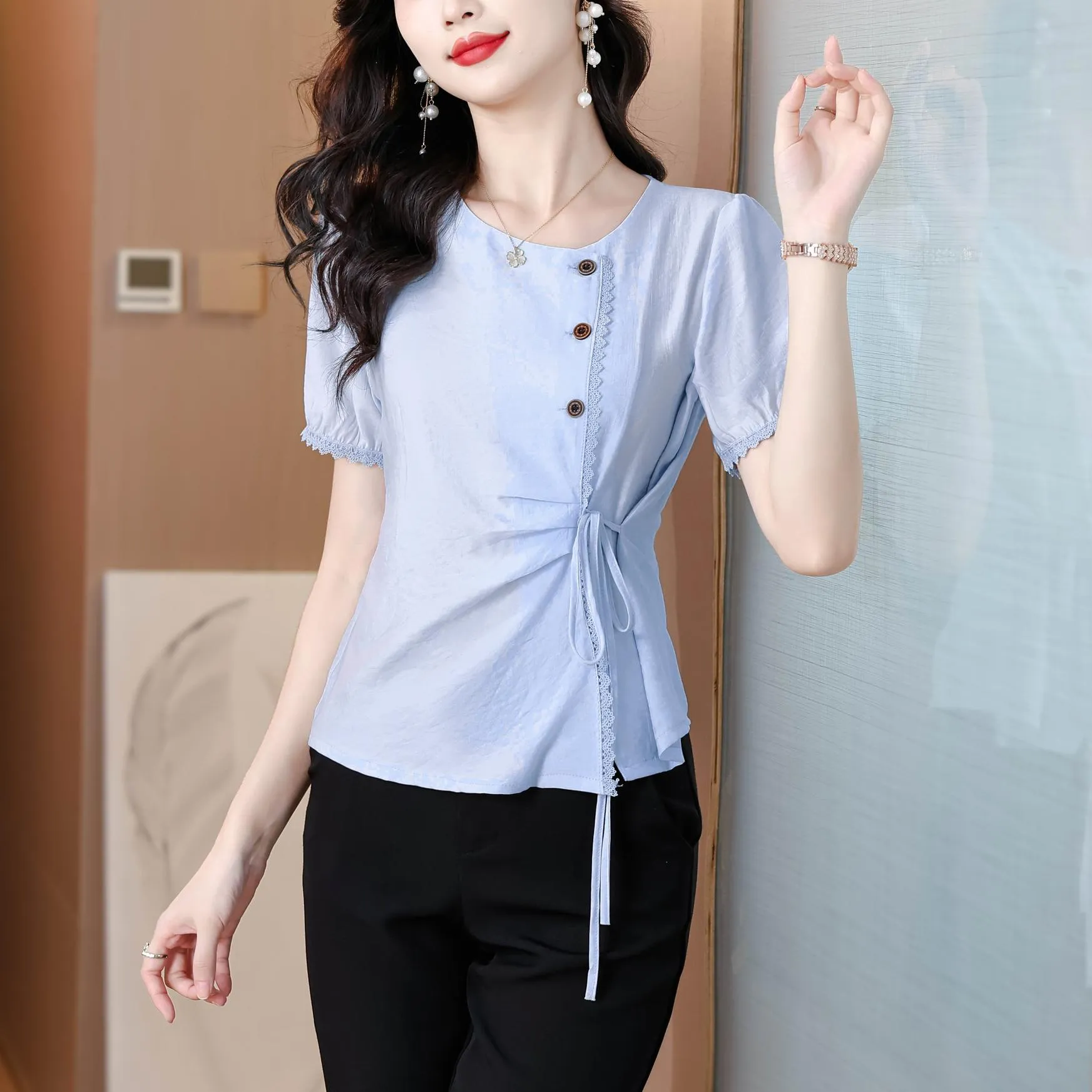Women's Embossed Blouse featuring Button Details and a Tied Waist