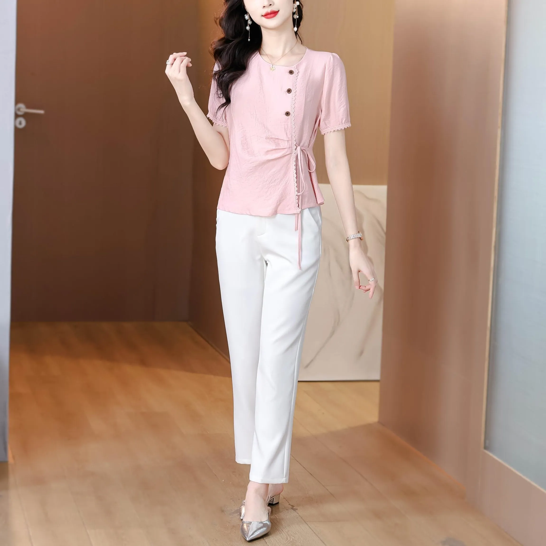 Women's Embossed Blouse featuring Button Details and a Tied Waist