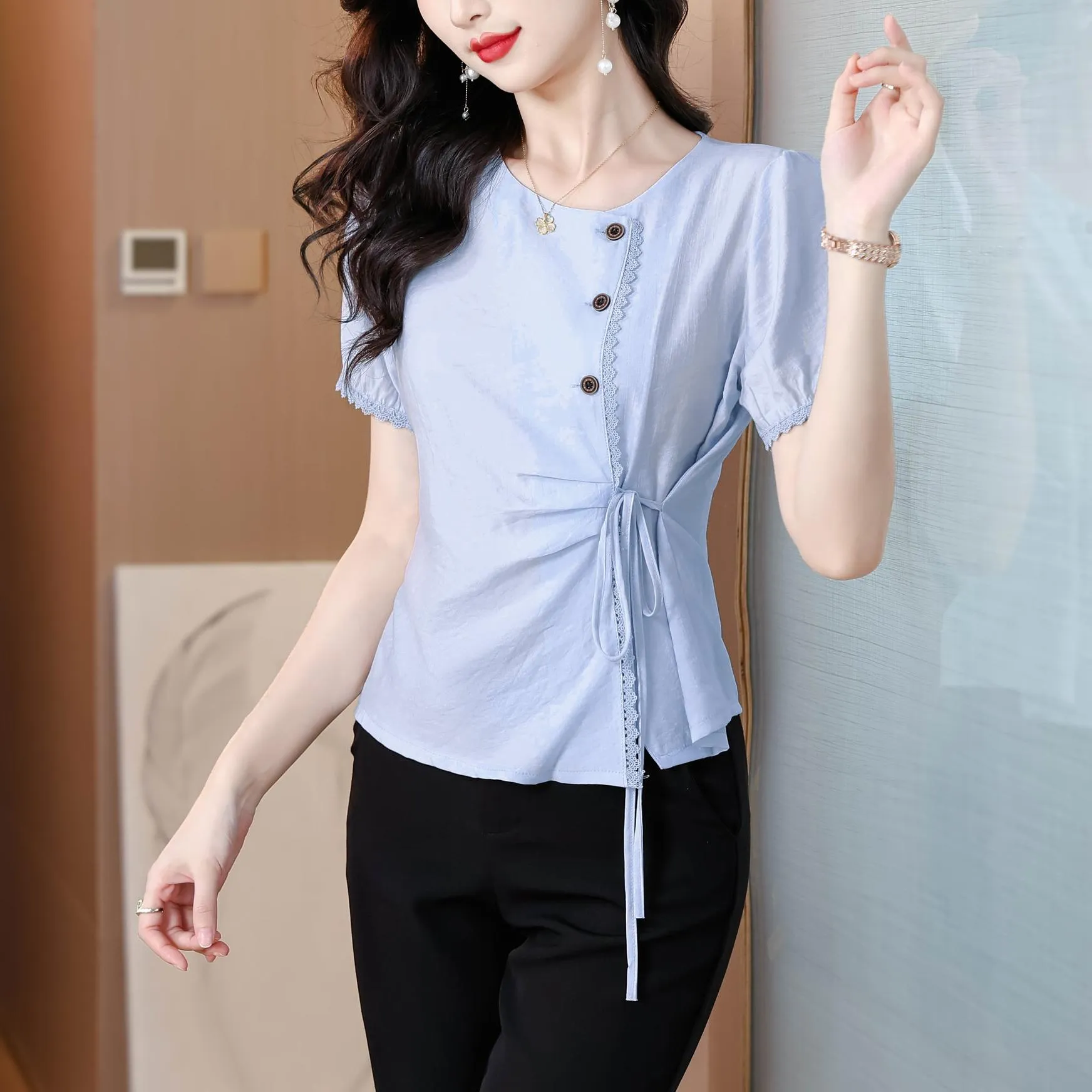 Women's Embossed Blouse featuring Button Details and a Tied Waist