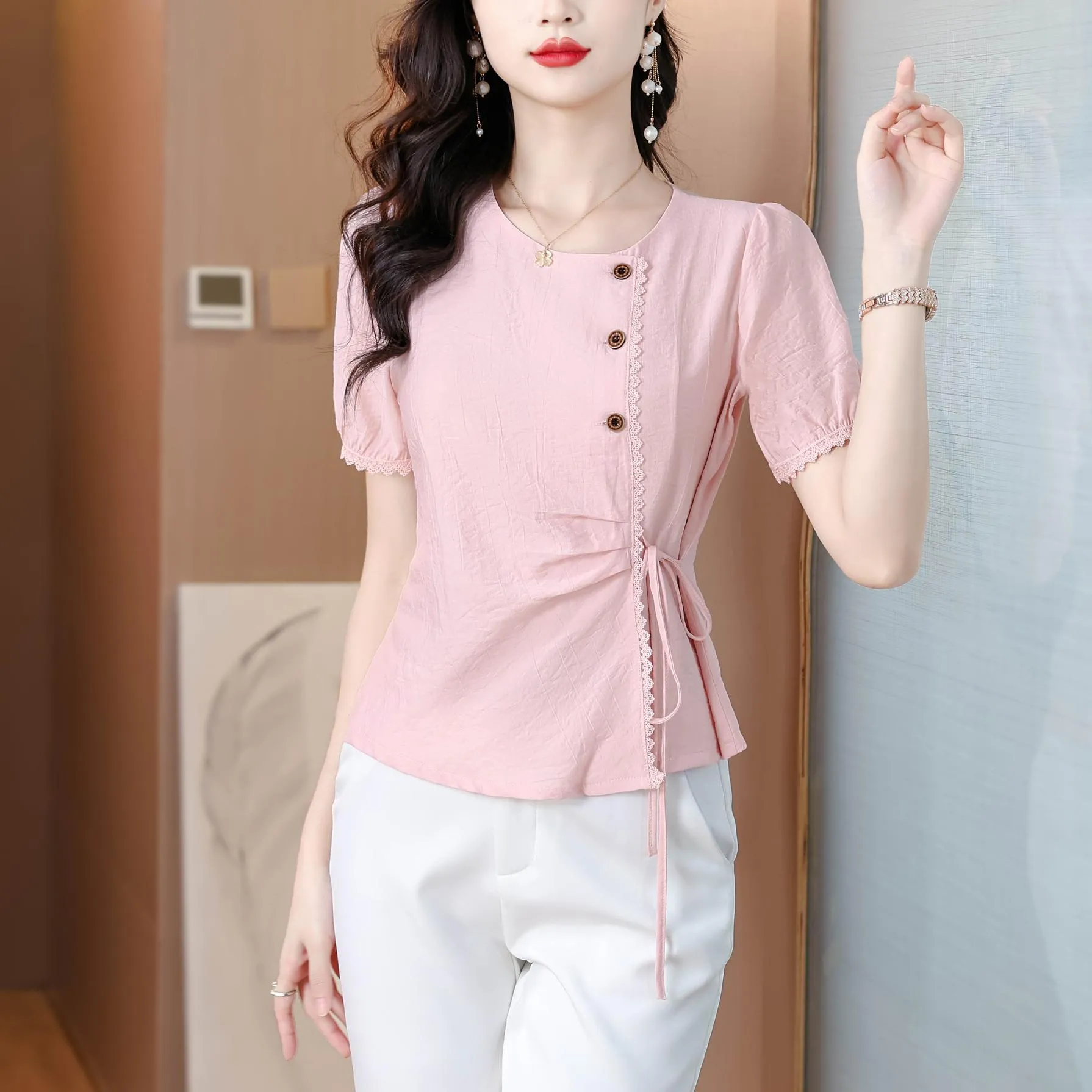Women's Embossed Blouse featuring Button Details and a Tied Waist