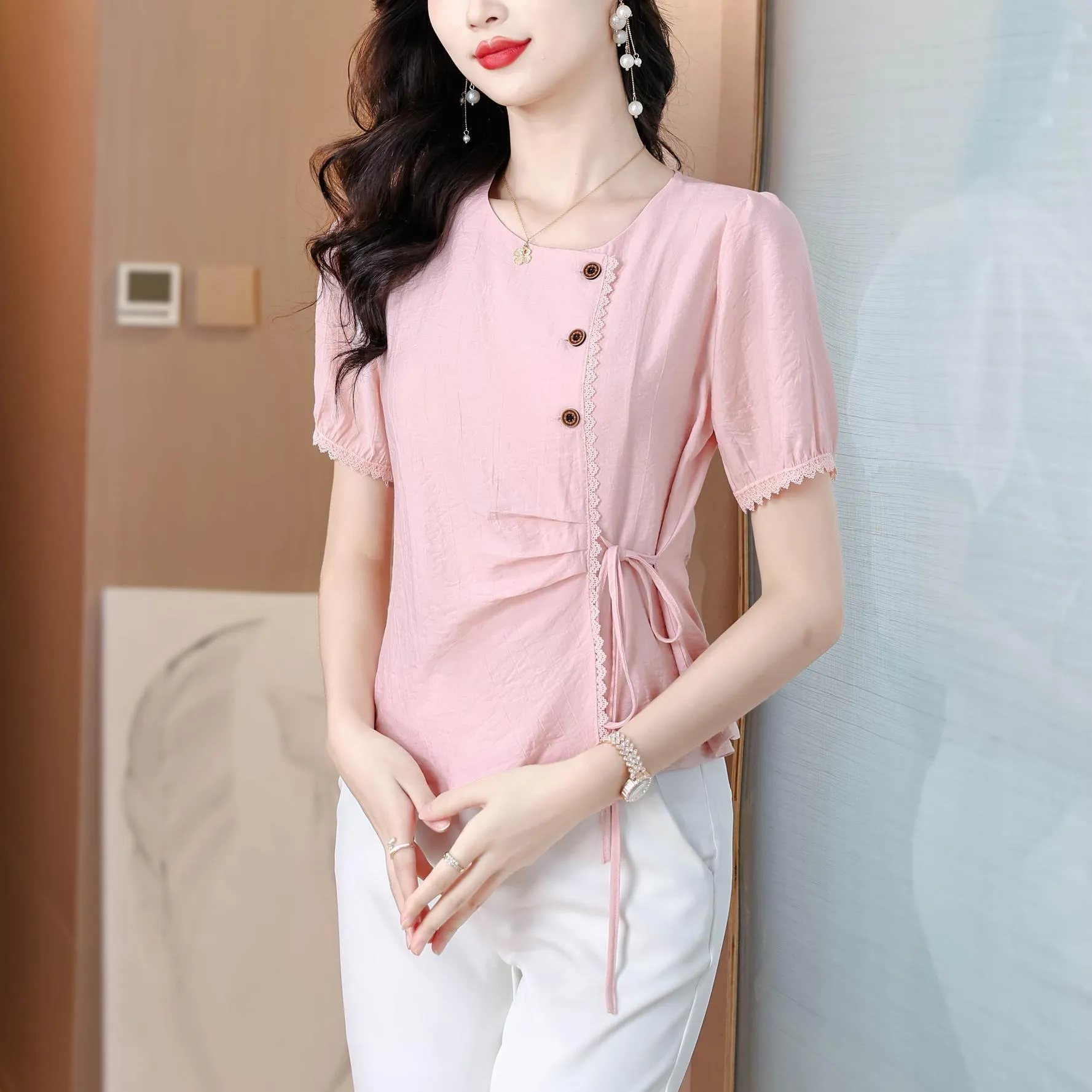 Women's Embossed Blouse featuring Button Details and a Tied Waist