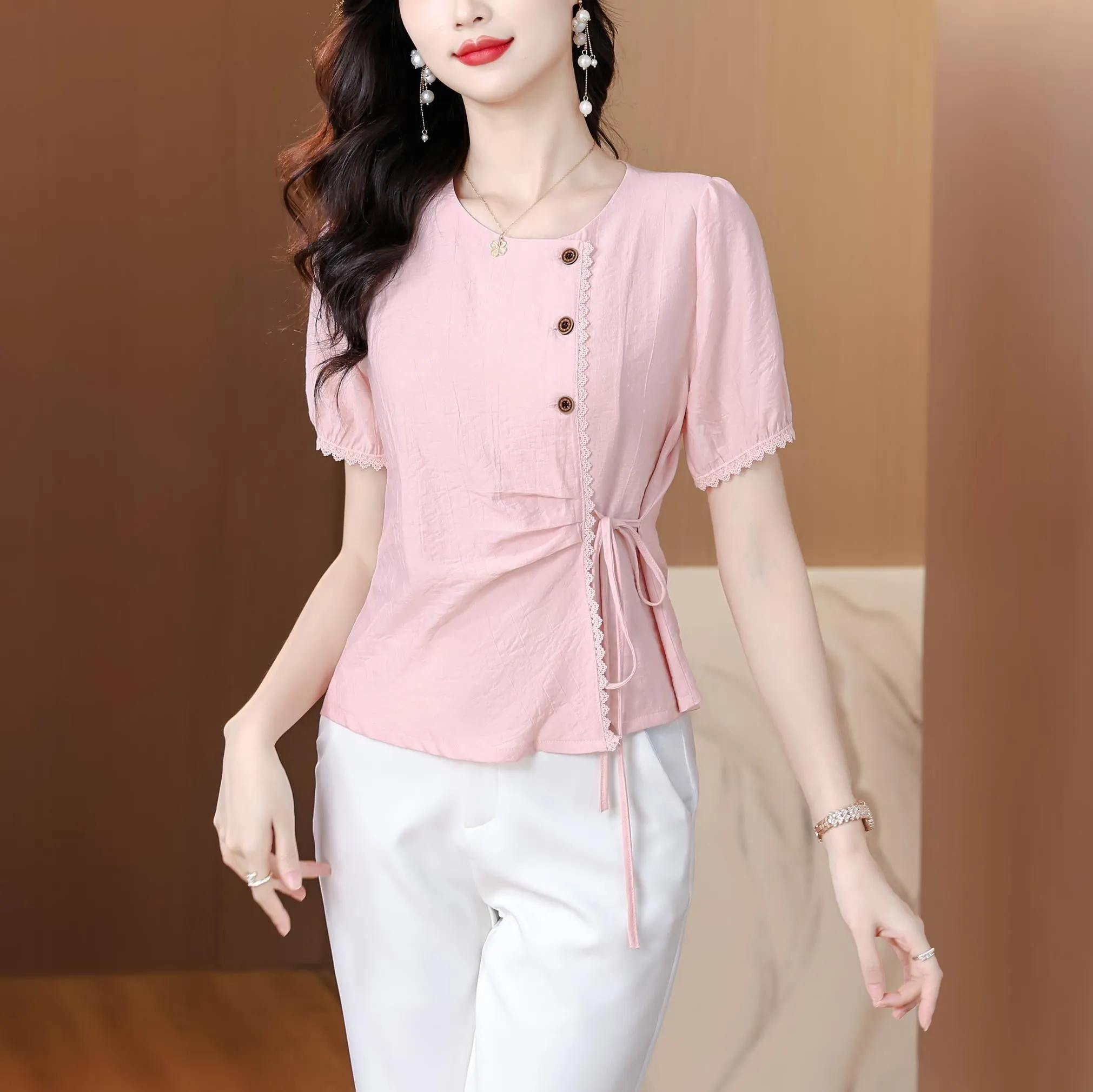 Women's Embossed Blouse featuring Button Details and a Tied Waist