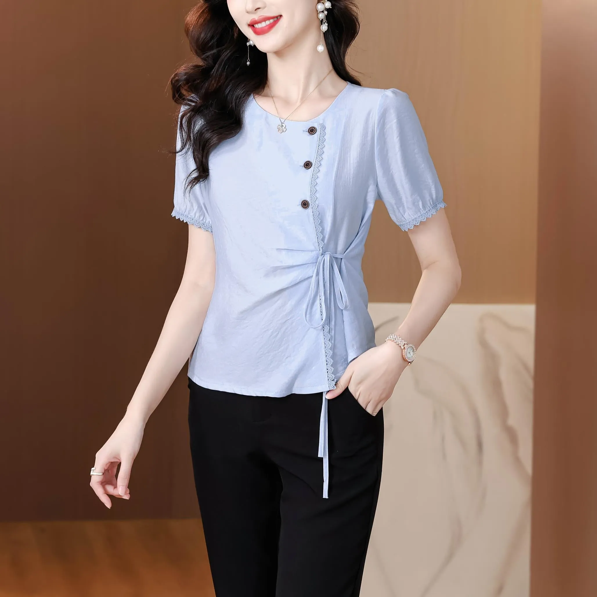 Women's Embossed Blouse featuring Button Details and a Tied Waist