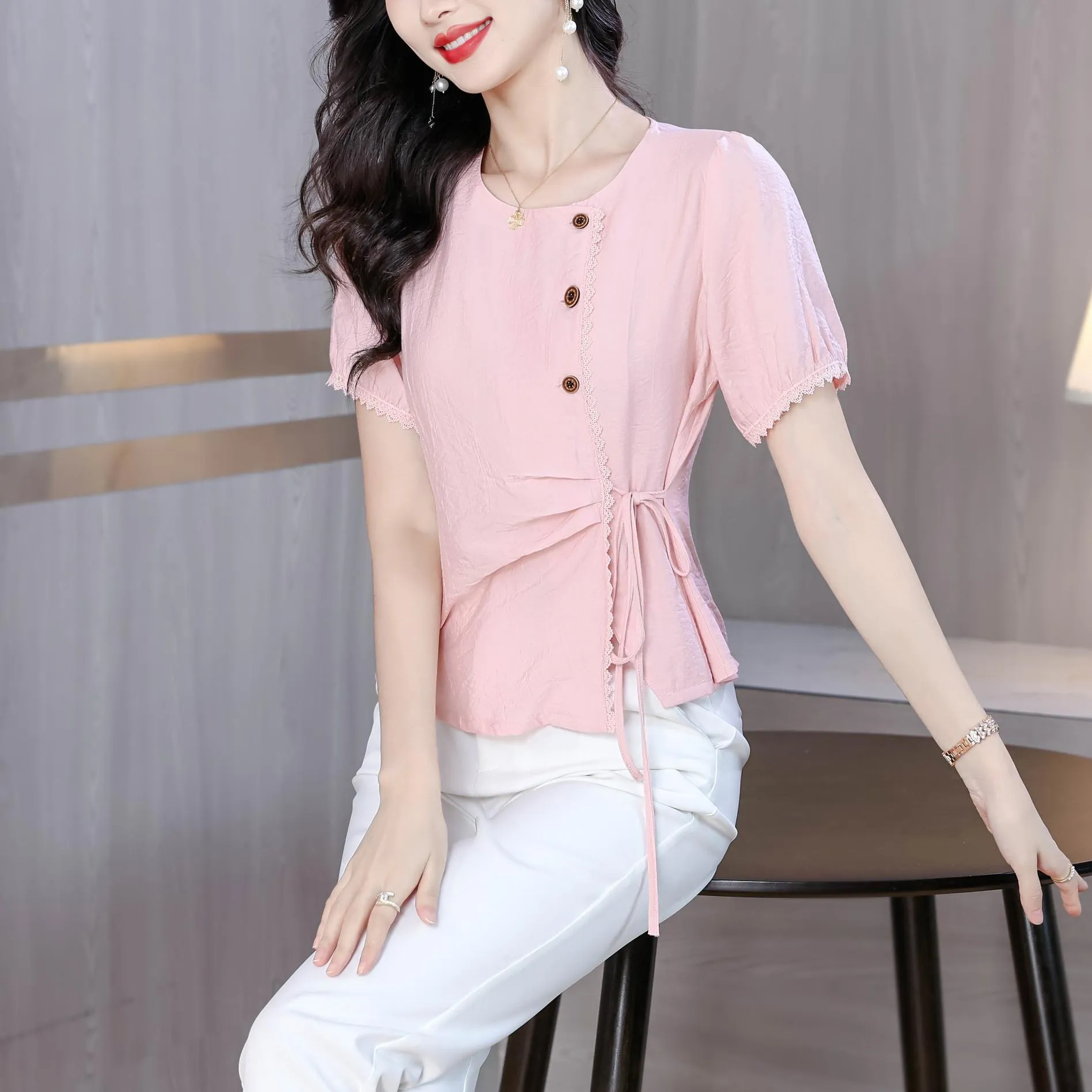 Women's Embossed Blouse featuring Button Details and a Tied Waist