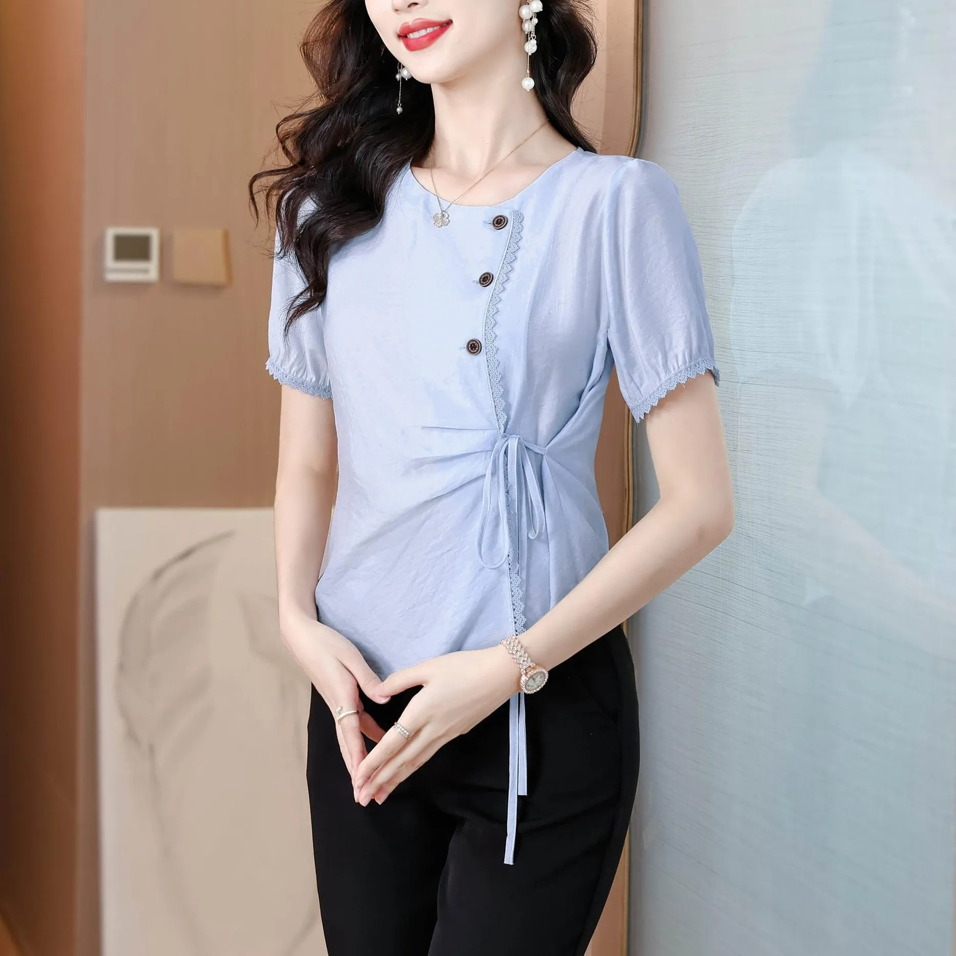 Women's Embossed Blouse featuring Button Details and a Tied Waist