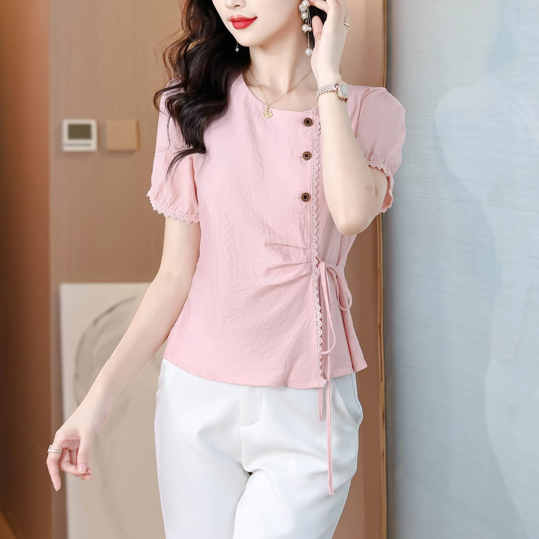 Women's Embossed Blouse featuring Button Details and a Tied Waist