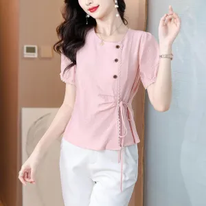 Women's Embossed Blouse featuring Button Details and a Tied Waist
