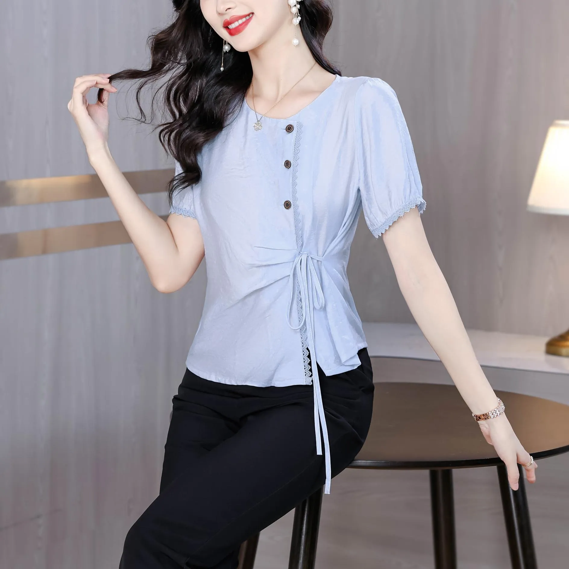 Women's Embossed Blouse featuring Button Details and a Tied Waist
