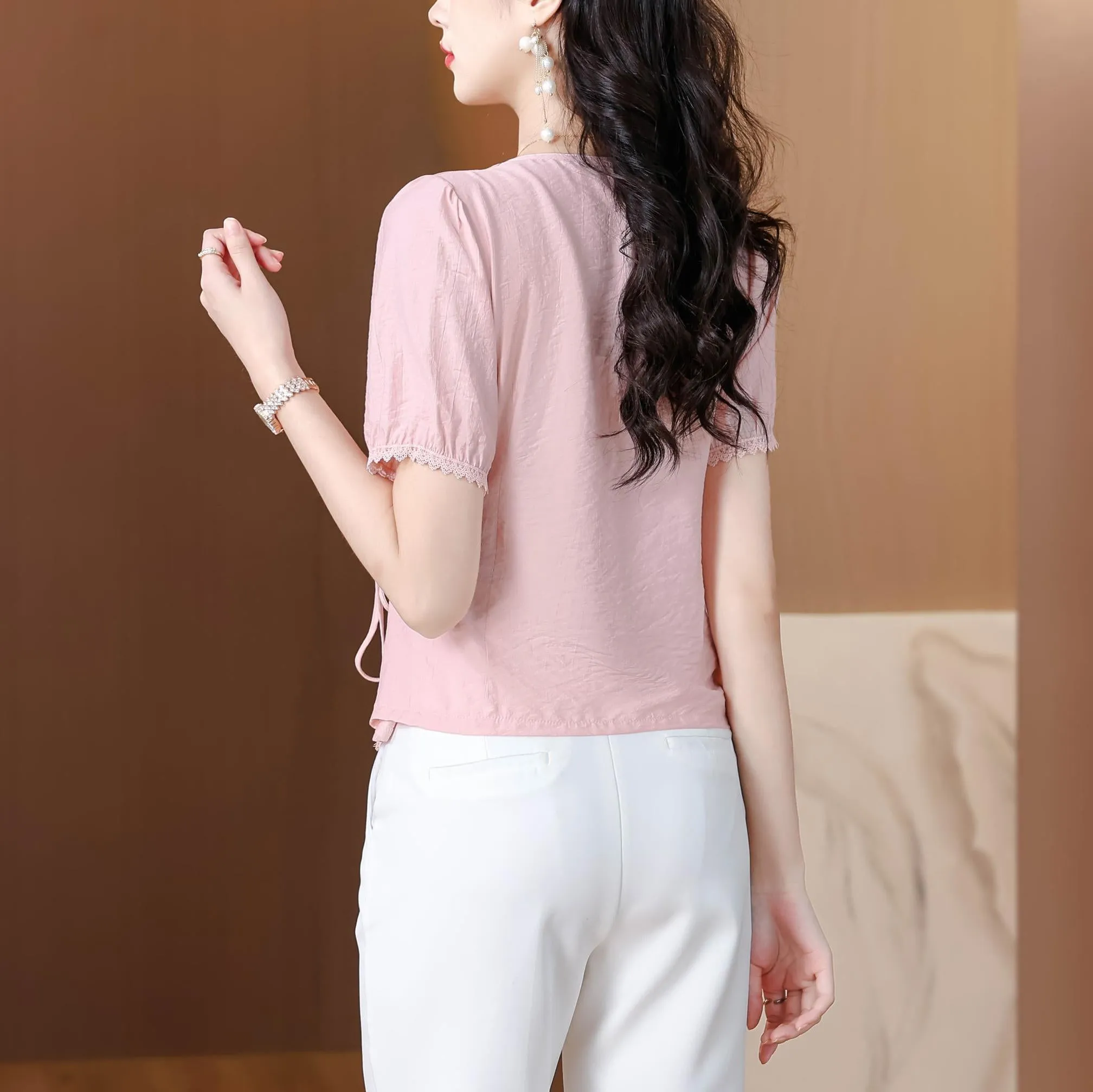 Women's Embossed Blouse featuring Button Details and a Tied Waist