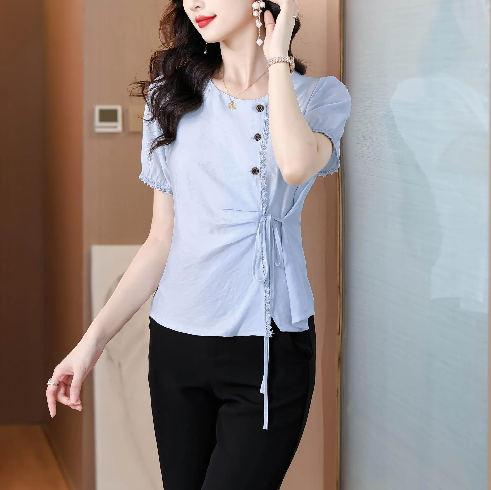 Women's Embossed Blouse featuring Button Details and a Tied Waist