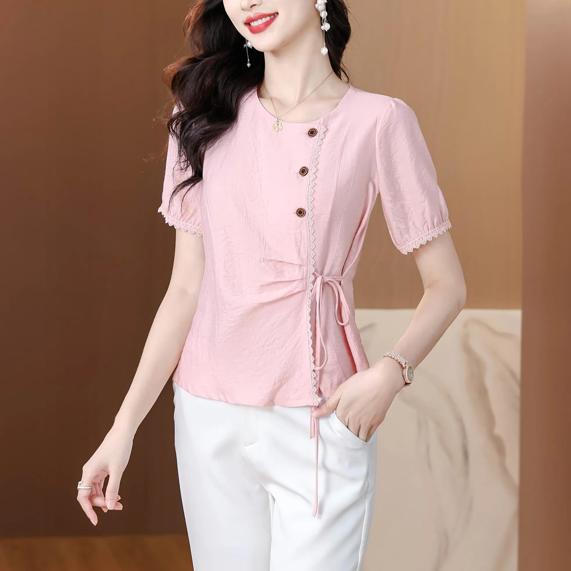 Women's Embossed Blouse featuring Button Details and a Tied Waist