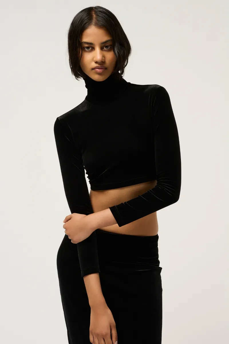 WOMENS HIGH NECK VELVET CROP TOP
